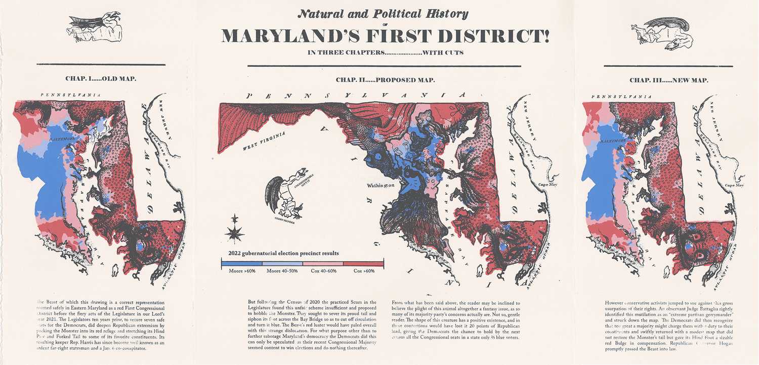 Three zoomorphic maps. On the left and right sides: A creature in the shape of the First Congressional District from the State of Maryland. In the center: All the Congressional districts for Maryland drawn as creatures.