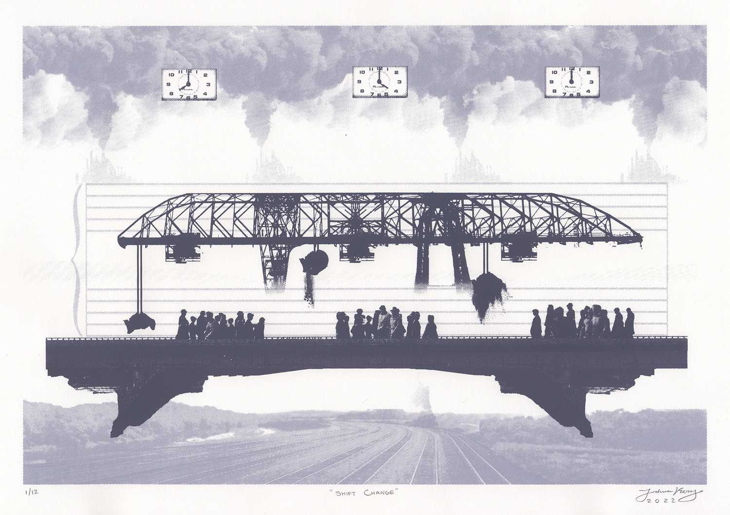 Picture of an ore crane - which looks like a truss bridge with three big metal claws hanging by cables underneath it - and a steel road bridge with pedestrians crossing it in three little clusters, each positioned just to the left of each of the three ore crane claws. Behind the crane and the bridge appears a musical staff; the pedestrians appear to be walking in front of the bass part of the staff while the ore crane appears in front of the treble part. Above the crane and bridge, each aligned horizontally with the three clusters of pedestrians, three square clocks appear among smokey clouds. Their times read 8 a.m., 4 p.m. and midnight, respectively, and in that order from left to right. Below the bridge, a faint landscape appears, with railroad tracks extending into the distance and the smoke of a locomotive that's just crossed over the horizon.