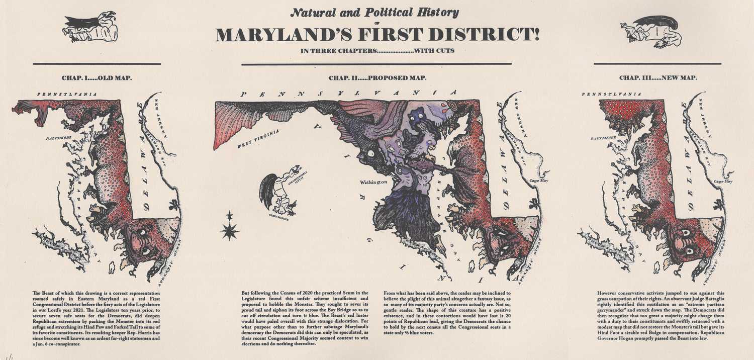 Three zoomorphic maps. On the left and right sides: A creature in the shape of the First Congressional District from the State of Maryland. In the center: All the Congressional districts for Maryland drawn as creatures.