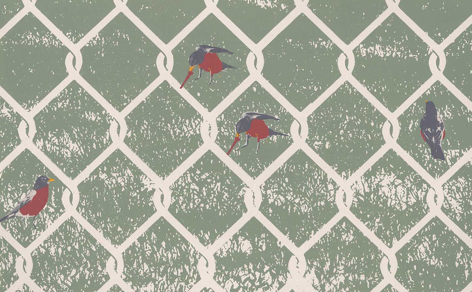 Print of robins behind a wire fence.