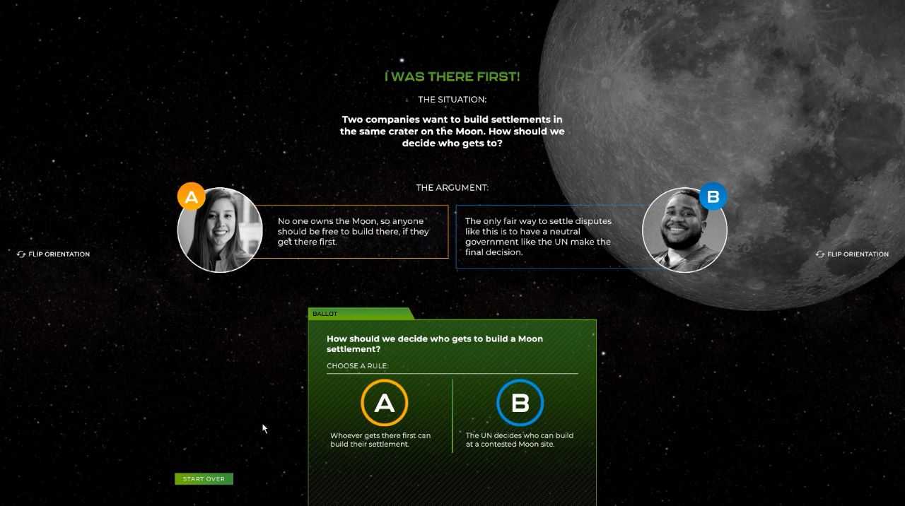 Screenshot of the ballot for a specific question in Space Now mode of Space Debates: Two companies want to build settlements in the same crater on the Moon. How should we decide who gets to?